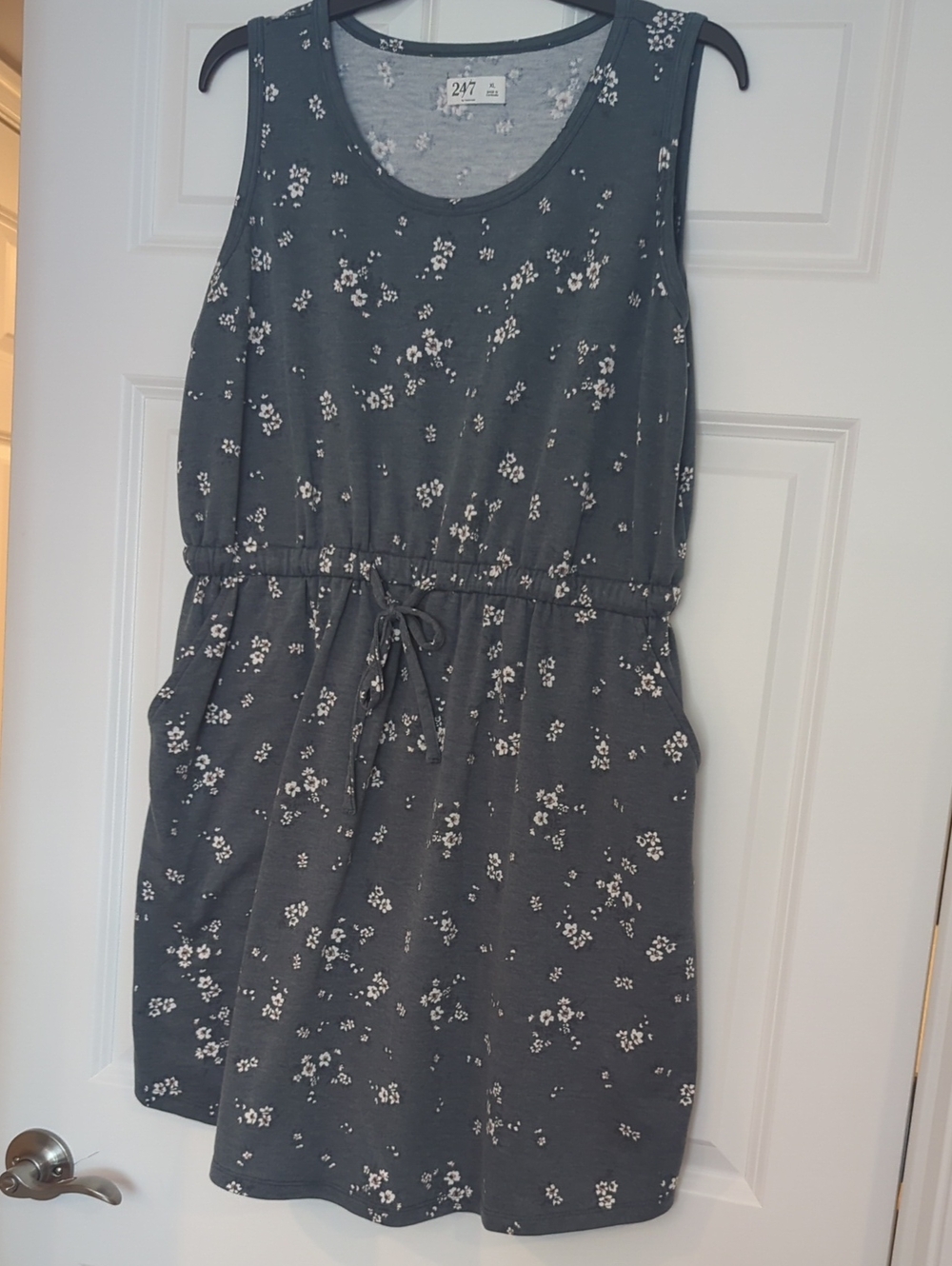 Sleeveless Dark Gray Floral Drawstring Mini Dress